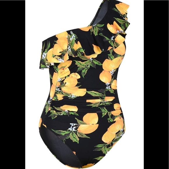 NWT Hilor black with lemons one ruffled shoulder one piece swimsuit ruched. - Picture 2 of 15
